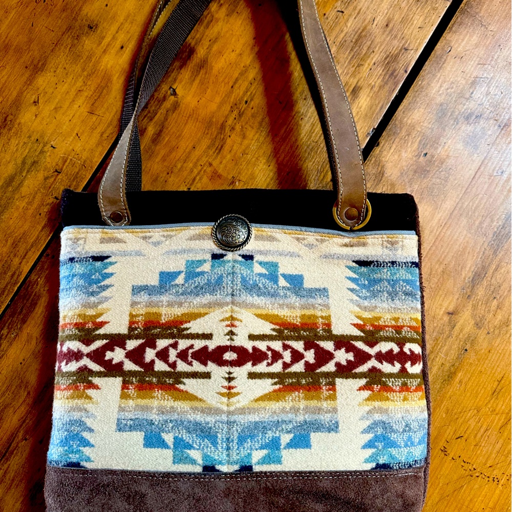 Pendleton Wool and Suede Purse Brown and Blue.  hand made by Starry Gardens.